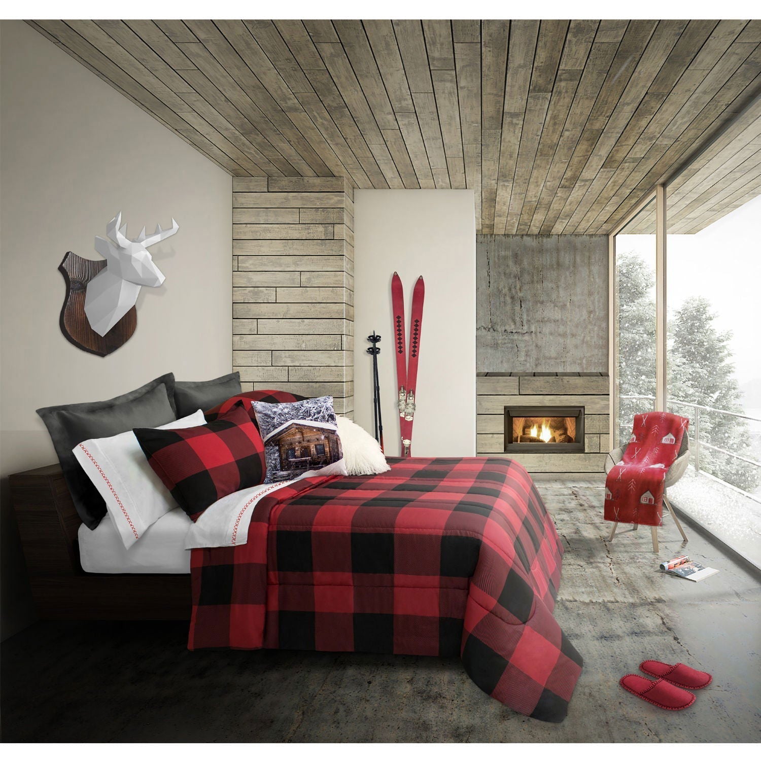 Comforter Bedding Set 2 Piece Reversible Twin Buffalo Plaid Red/Black -Cabin - www.Shopthatapp.com