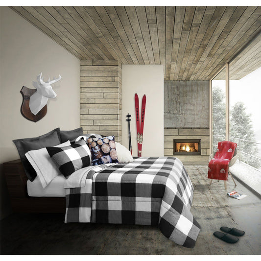 Comforter Bedding Set 2 Piece Reversible Twin Buffalo Plaid White/Black -Cabin - www.Shopthatapp.com