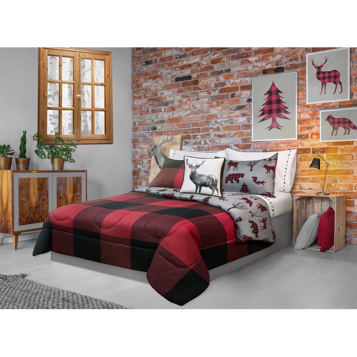 Comforter 3 Piece Set Double/Queen Printed Buffalo Plaid Red/Black - www.Shopthatapp.com