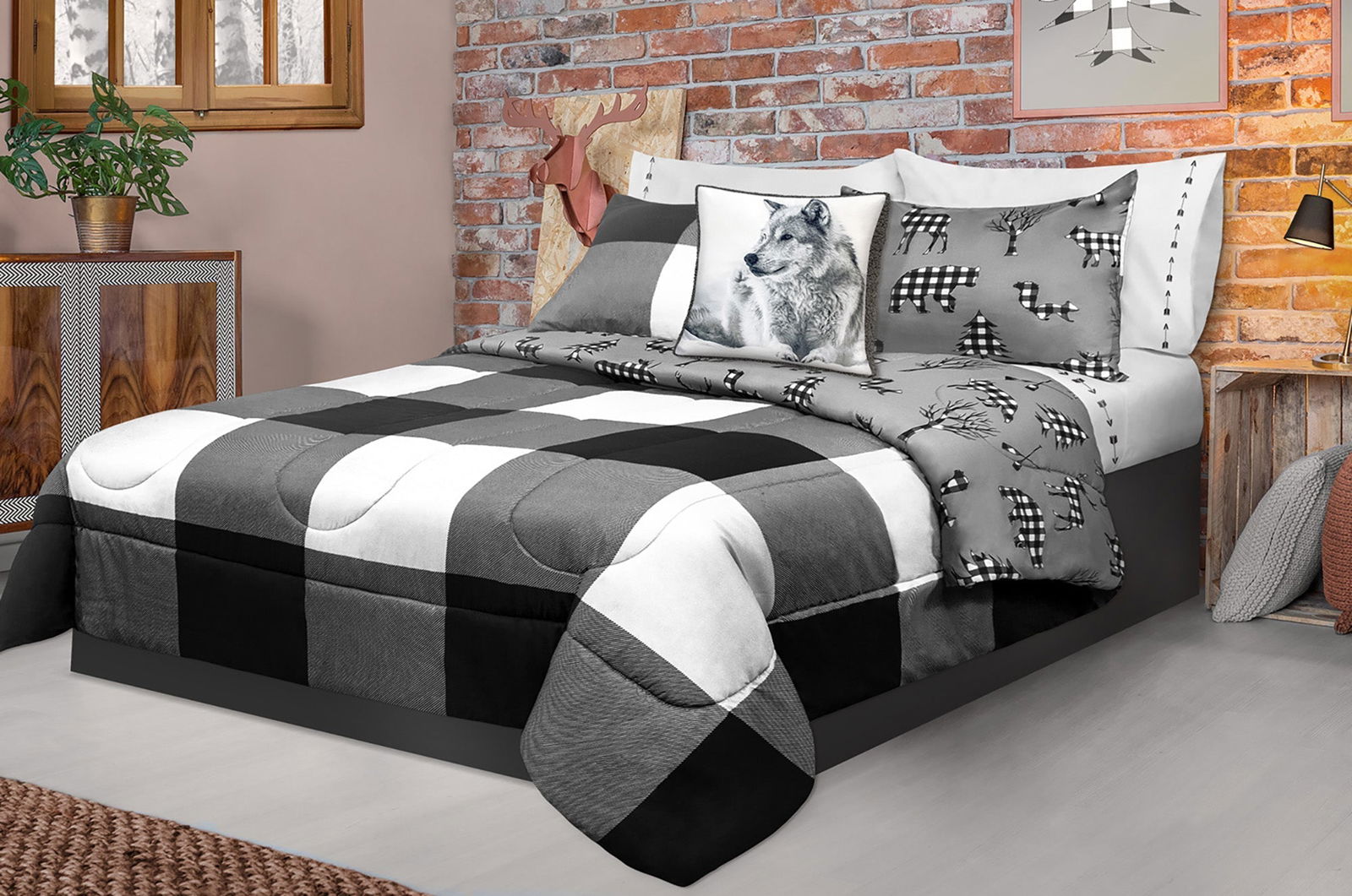 Comforter 3 Piece Set Double/Queen Printed Buffalo Plaid White/Black - www.Shopthatapp.com