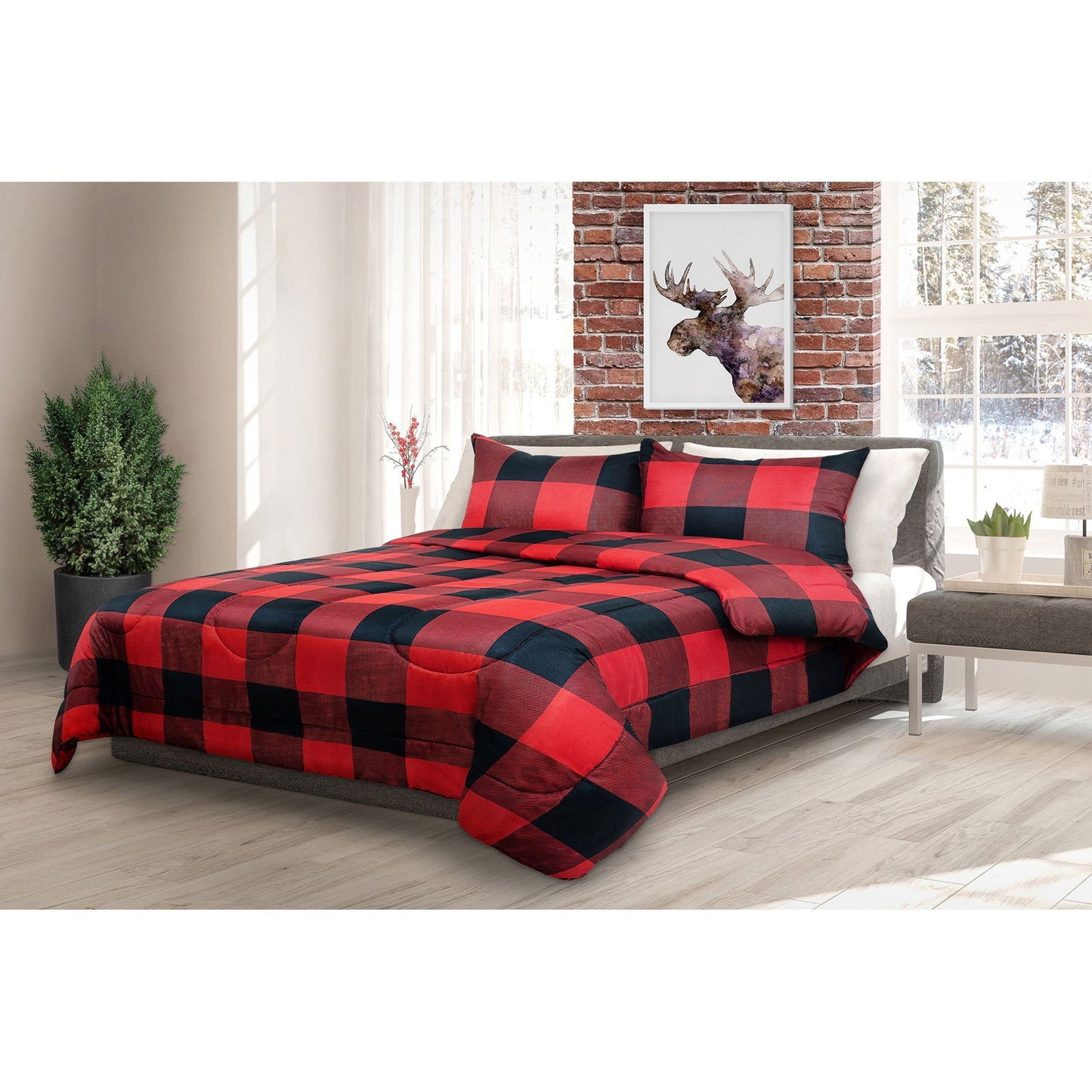 Comforter Bedding Set 3 Piece Buffalo Plaid Red/Black, King - www.Shopthatapp.com