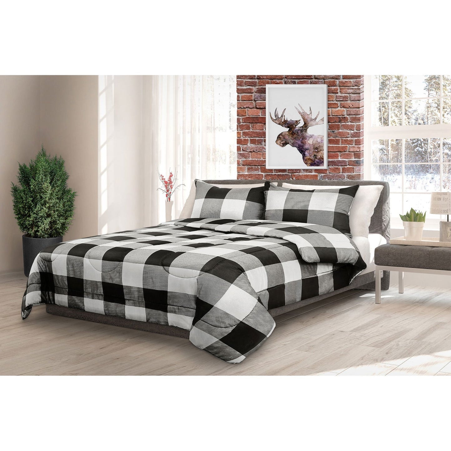 Comforter Bedding Set 3 Piece Buffalo Plaid White/Black, King - www.Shopthatapp.com