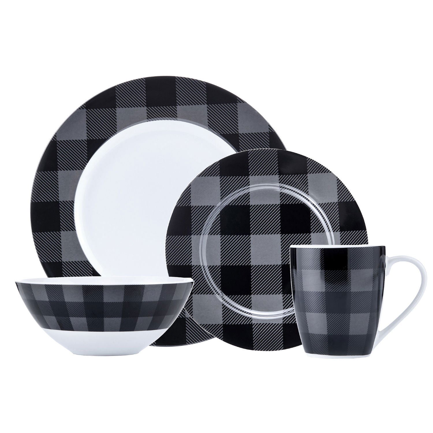 Dinnerware Set 16 Piece Buffalo Plaid Grey/Black, Service for 4 - www.Shopthatapp.com