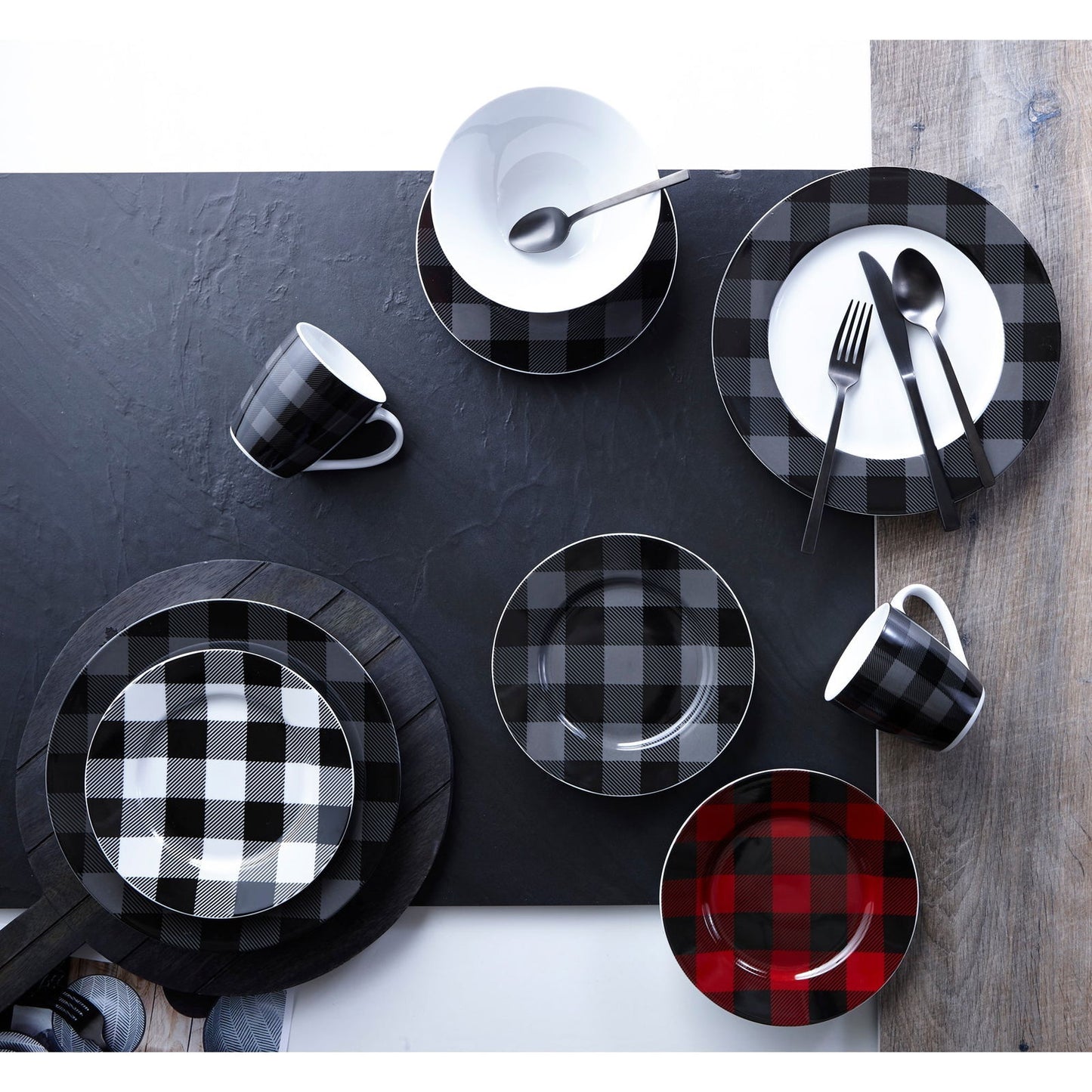 Dinnerware Set 16 Piece Buffalo Plaid Grey/Black, Service for 4 - www.Shopthatapp.com