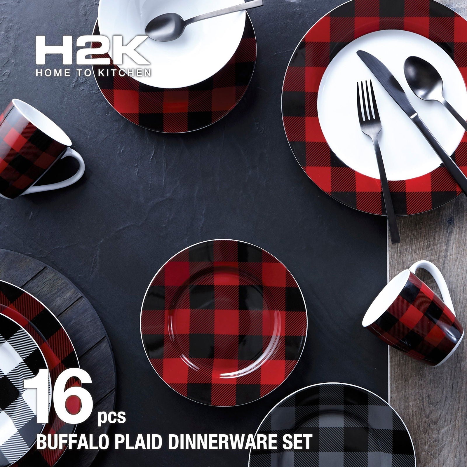 Dinnerware Set 16 Piece Buffalo Plaid Grey/Black, Service for 4 - www.Shopthatapp.com