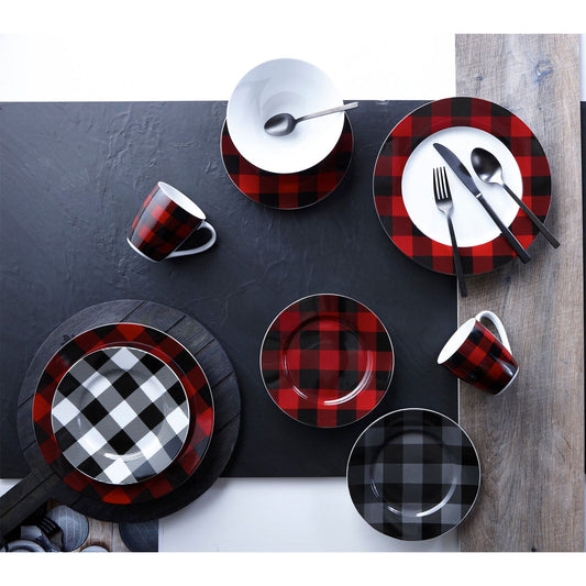 Dinnerware Set 16 Piece Buffalo Plaid Red/Black, Service for 4 - www.Shopthatapp.com