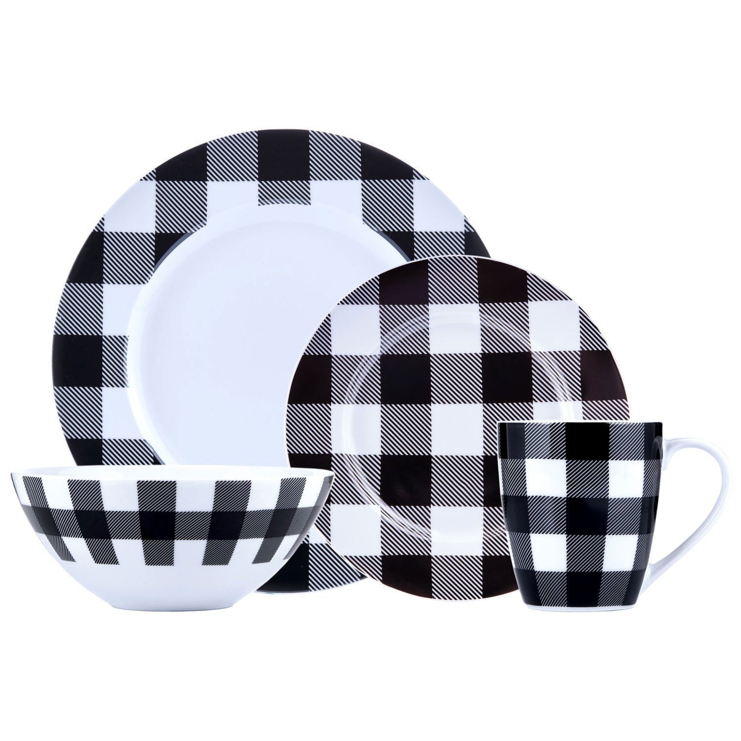 Dinnerware Set 16 Piece Buffalo Plaid White/Black, Service for 4 - www.Shopthatapp.com