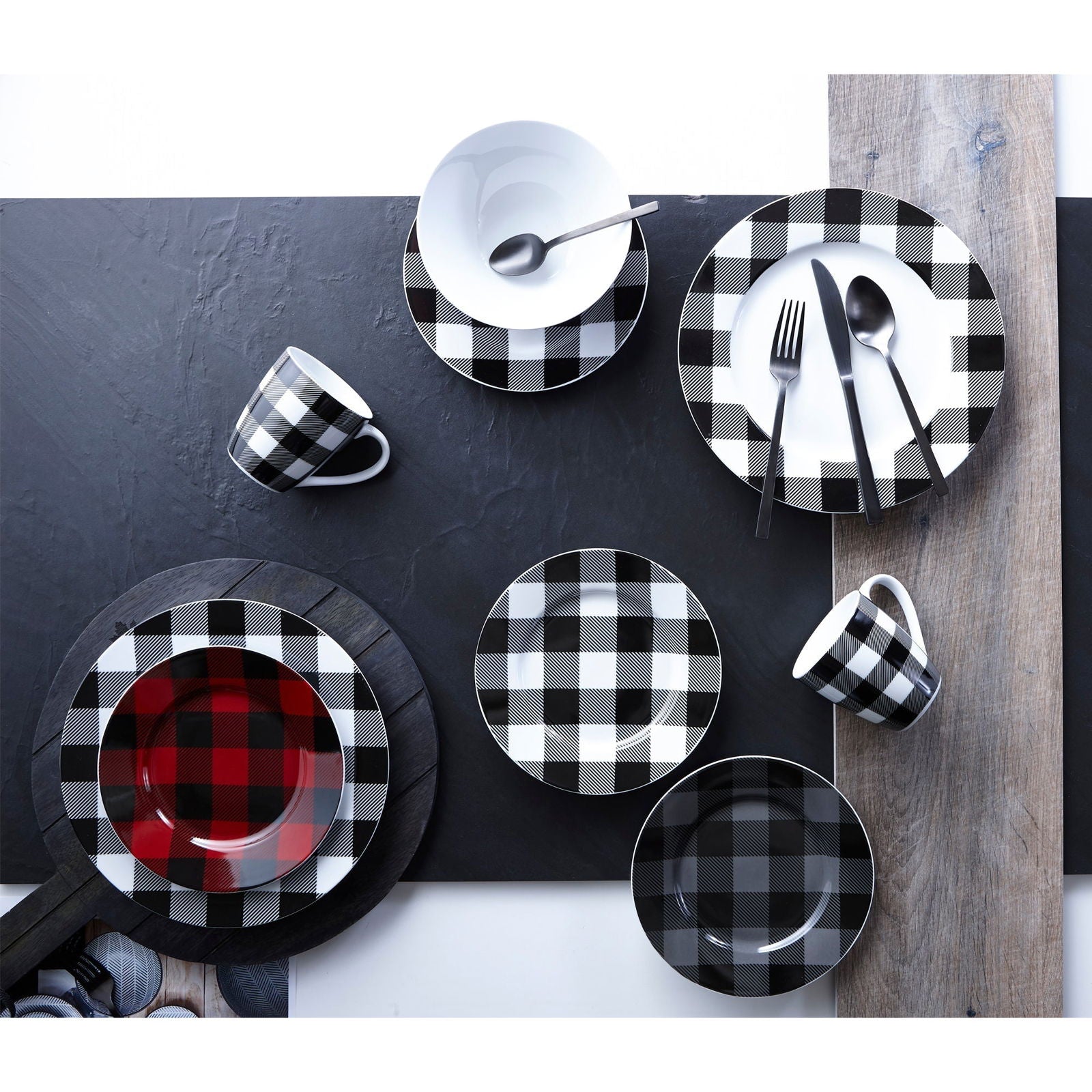 Dinnerware Set 16 Piece Buffalo Plaid White/Black, Service for 4 - www.Shopthatapp.com