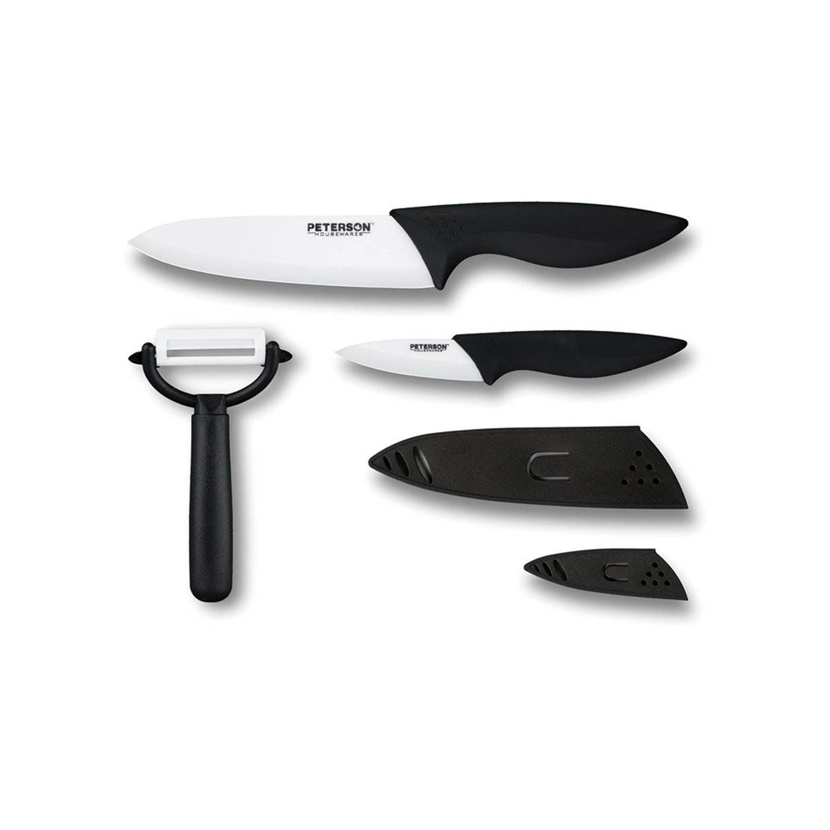 CERAMIC KNIFE SET, 5 PIECES (3", 6", Peeler + 2 Sheaths. ColorBox w/PVC Tray - www.Shopthatapp.com