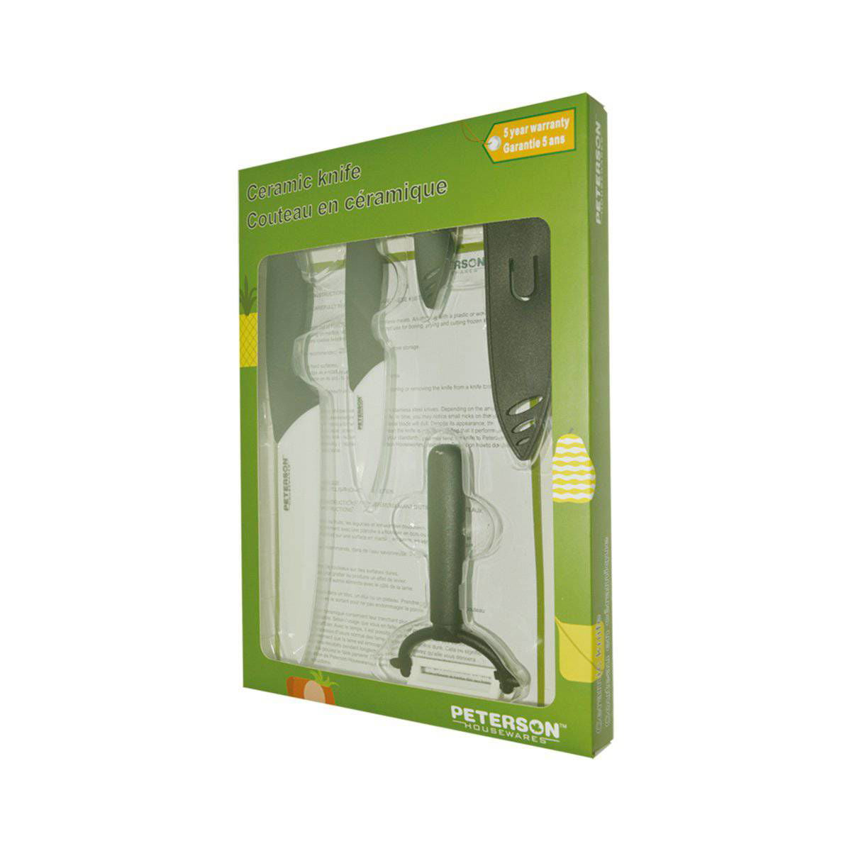 CERAMIC KNIFE SET, 5 PIECES (3", 6", Peeler + 2 Sheaths. ColorBox w/PVC Tray - www.Shopthatapp.com