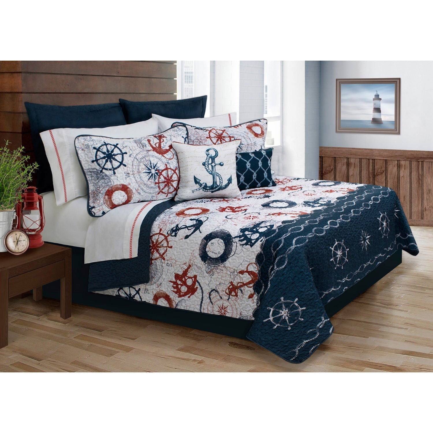 Quilt Bedding Set 5 Piece Woven Microfiber Bay Harbour Double/Queen Navy - www.Shopthatapp.com