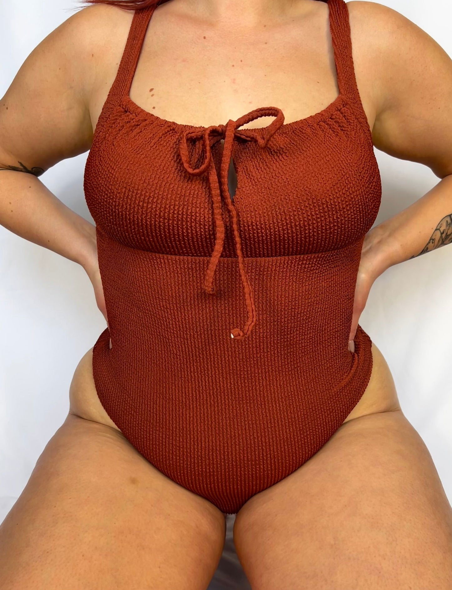 Tie-Front Textured One Piece / Rust - www.Shopthatapp.com