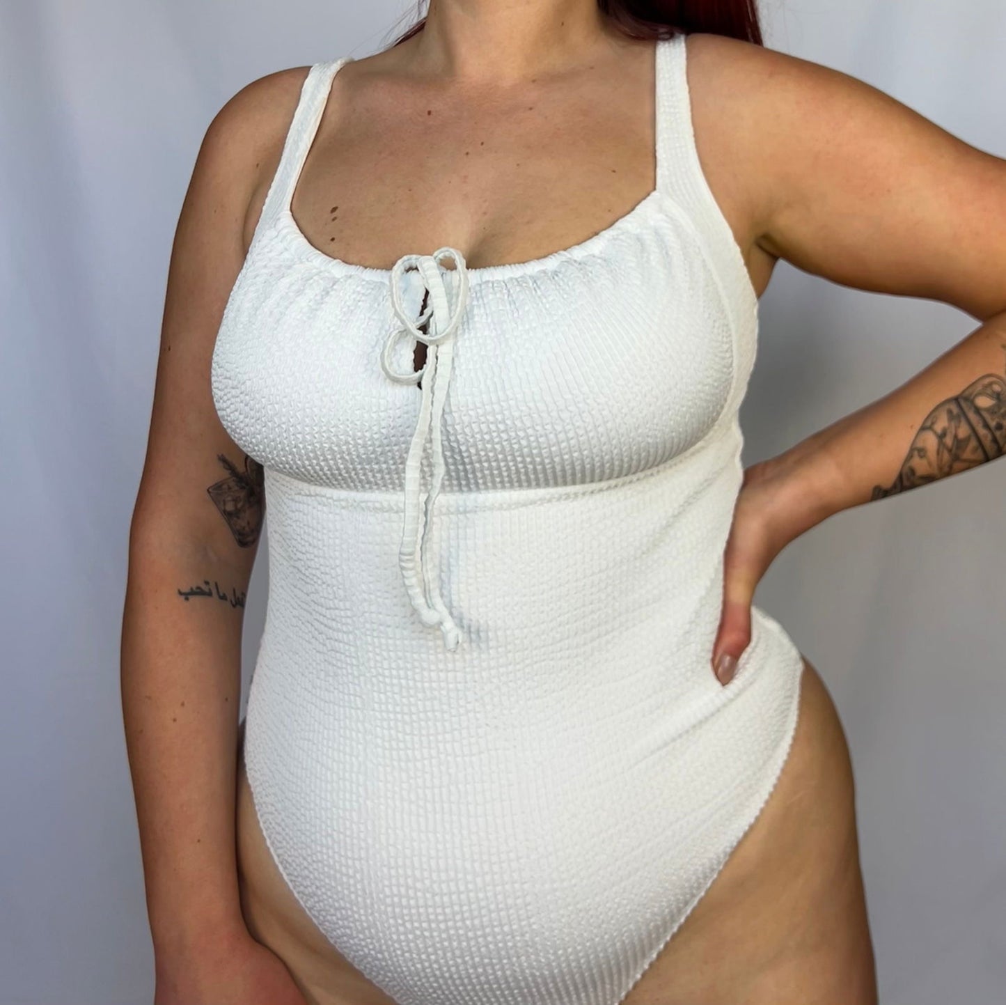 Tie-Front Textured One Piece / White - www.Shopthatapp.com